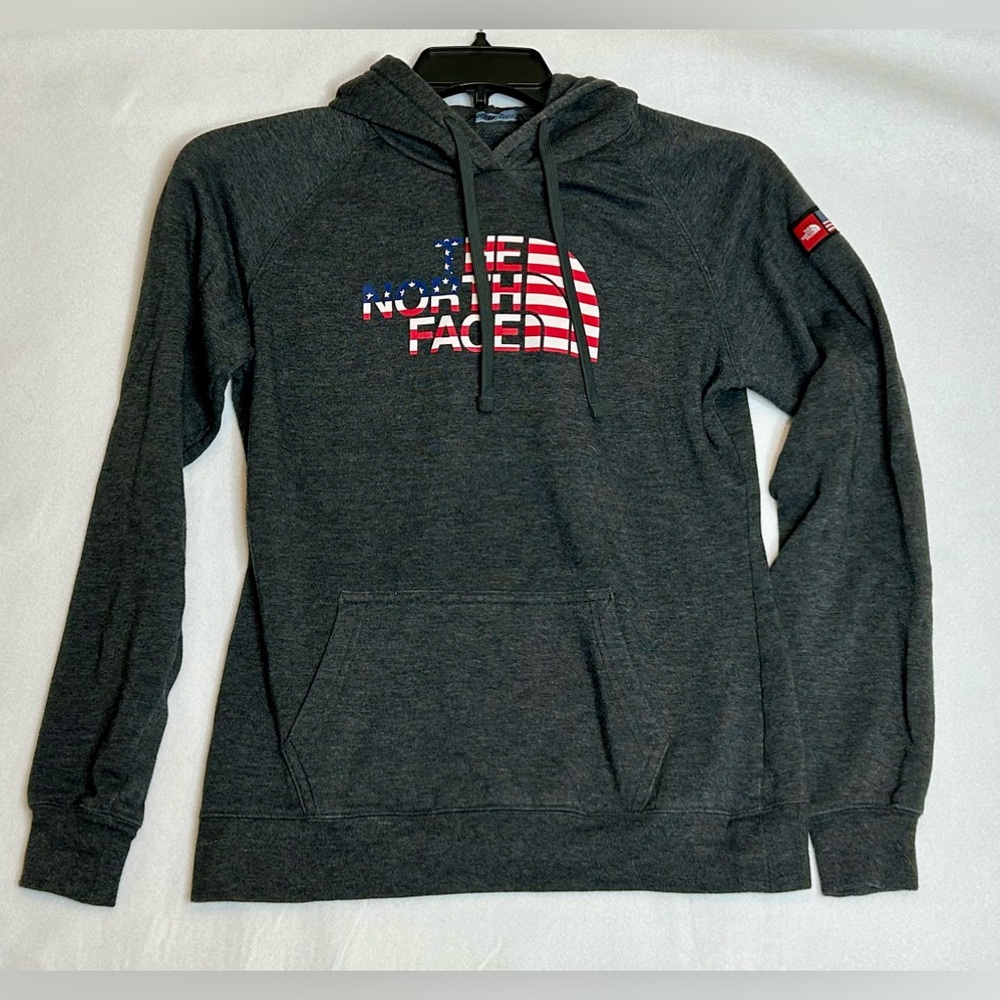 North Face Women’s Grey Hoodie with Red/White/Blue NF Logo. Sz S